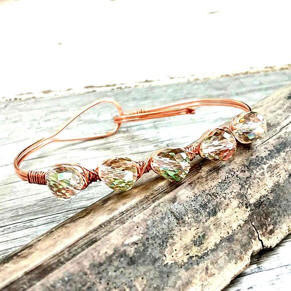 Multifaceted Glass Beaded Copper Bangle Wire Wrapped 7 - Picture 2 of 6